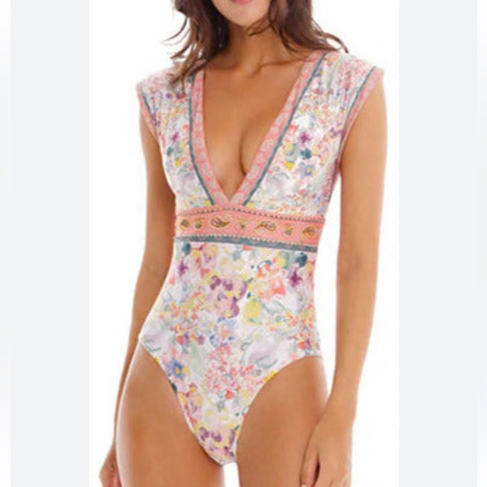 Floral Pink Trim V-Neck One-Piece Swimsuit